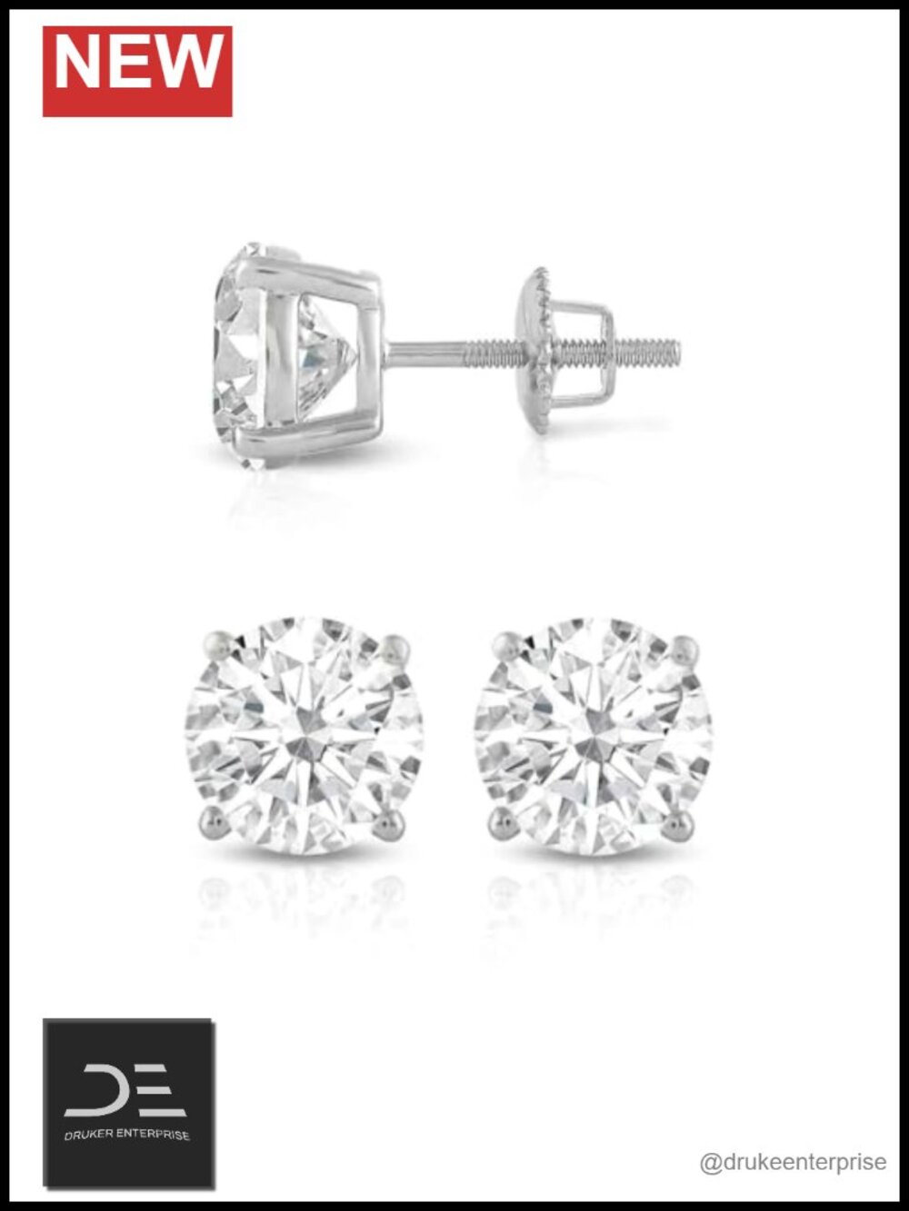 14K White Gold Round Cubic Zirconia Stud Earrings 4 CTW Screw Backs